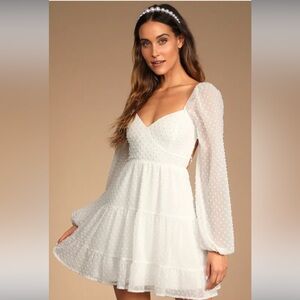 White Flowy Mini Dress Long Sleeves Bridal Size M